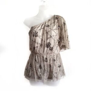 Adrianna Papell One-Shoulder Beaded Blouse in Taupe